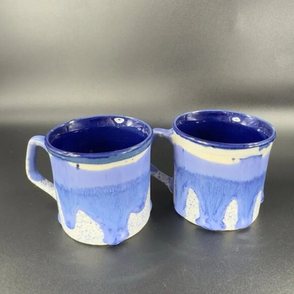 Vintage 1980s Blue Drip‎ Glaze Pottery Coffee Mug Cup Set 2 Hand Made Stoneware